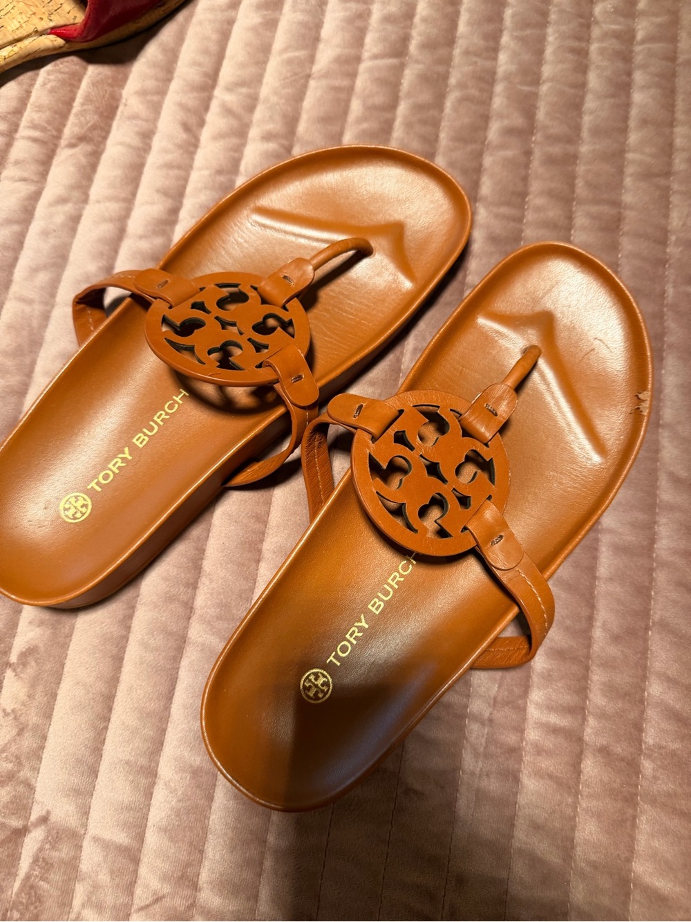 Tory Burch Cognac Leather Logo Thong Sandals